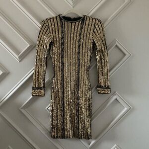 NADINE MERABI Gold and Black Sequin Long Sleeve Dress